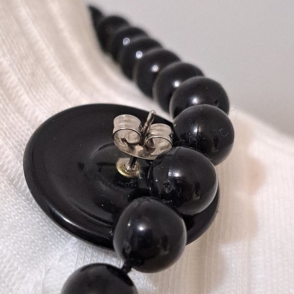 Vintage 80s Black Beaded Necklace with Button Earrings - Picture 5 of 5